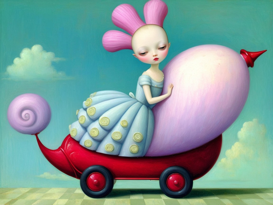 Whimsical character in blue gown on surreal bird vehicle