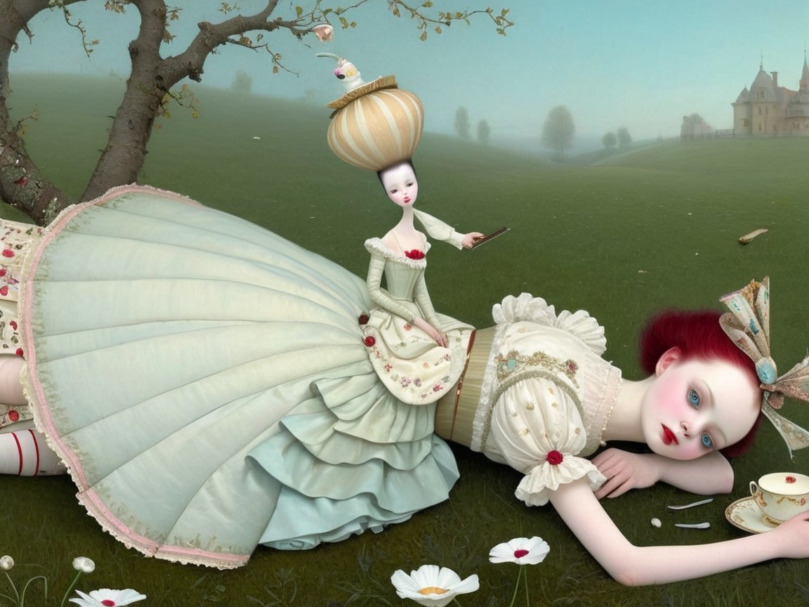 Surreal Scene of Girl with Doll in Dreamlike Landscape