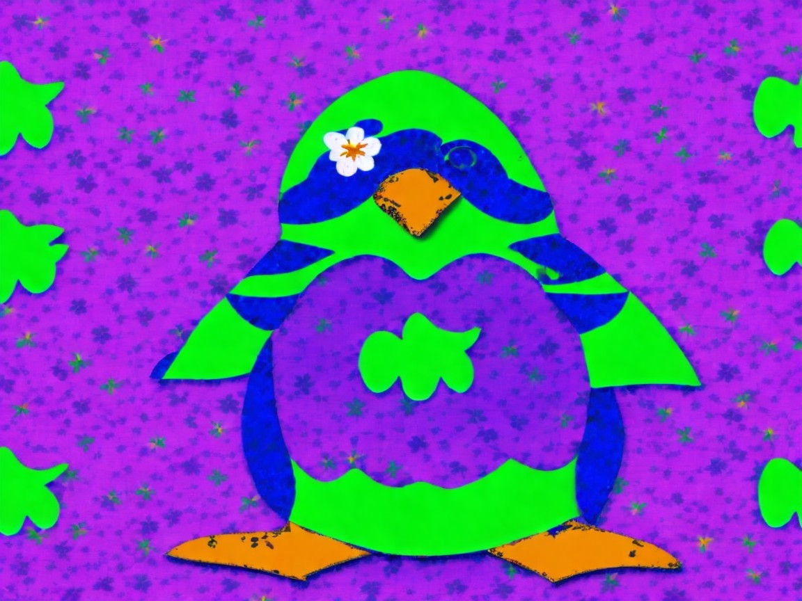 Stylized Penguin on Sparkly Purple Background
