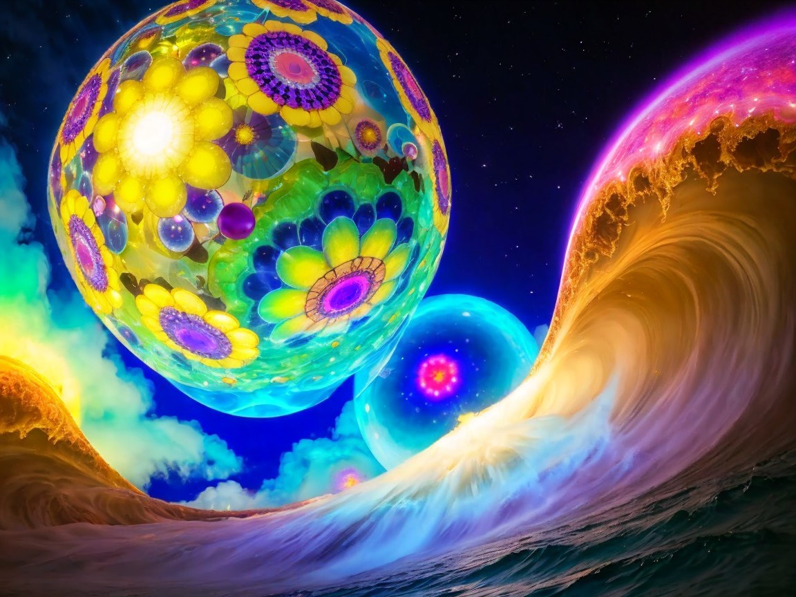 Surreal Landscape with Colorful Orbs and Ocean Waves