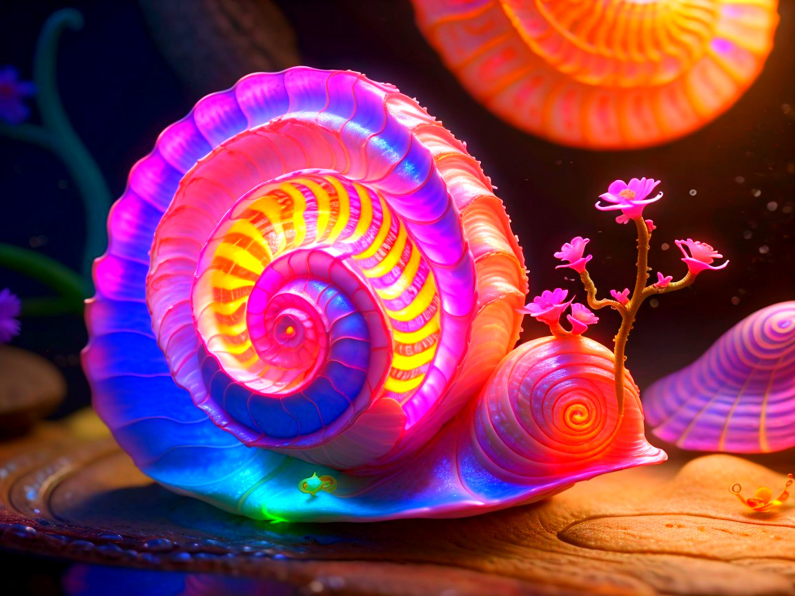 Alien Sea Snail with Glowing Rainbow Shell and Flower
