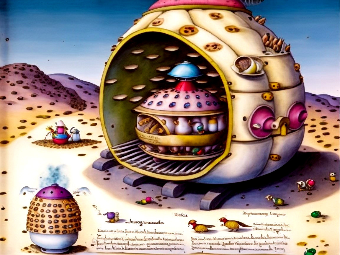 Futuristic landscape with quirky spaceship and creatures
