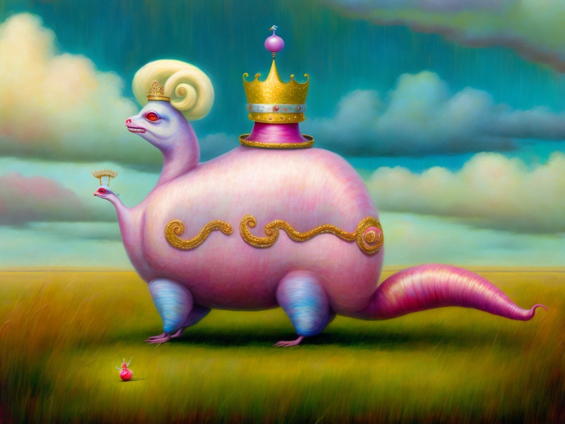 Whimsical Pink Dinosaur in Vibrant Fantasy Landscape