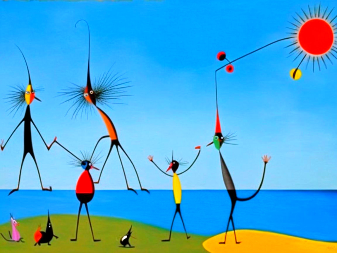 Surreal Painting with Abstract Bird Figures and Landscape