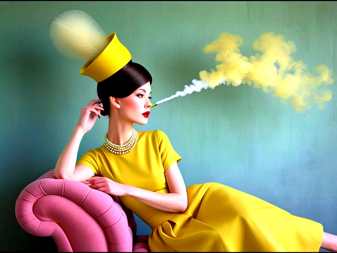 Woman in yellow dress with pill box hat and cigarette