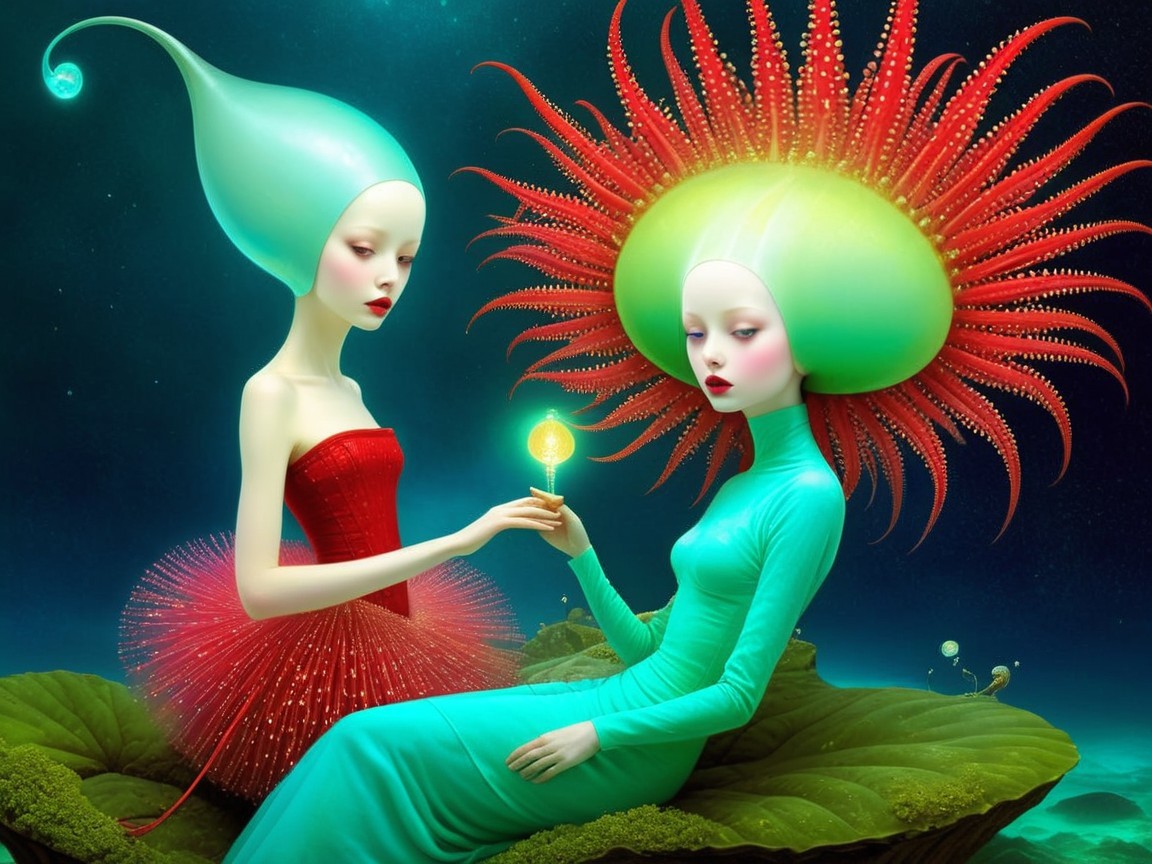 Surreal Landscape with Ethereal Alien Figures and Flora