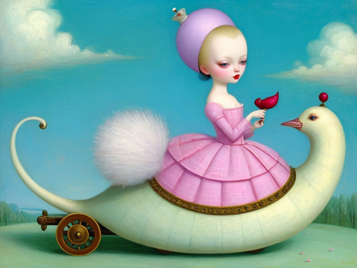 Whimsical Scene of Girl on Swan with Serene Sky