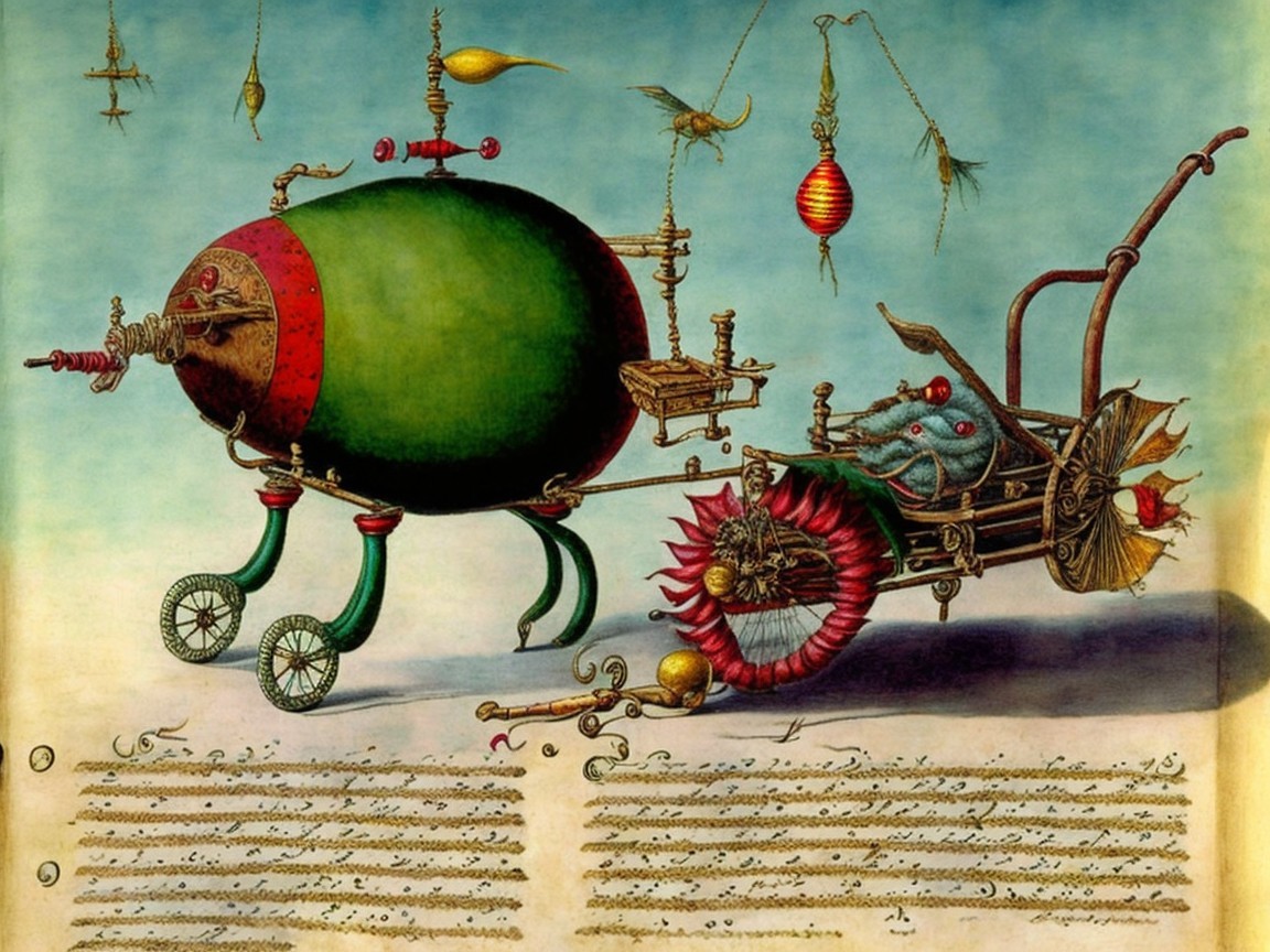 Whimsical Steampunk Vehicle with Green Body and Accents