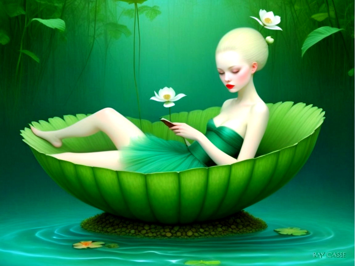Fantasy painting of a woman in a lotus flower setting