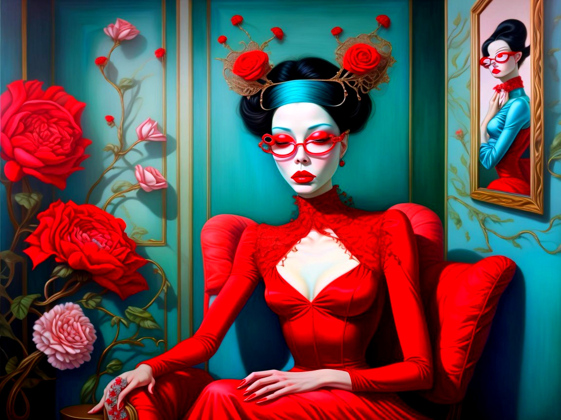 Stylized pop art painting of a woman in red attire