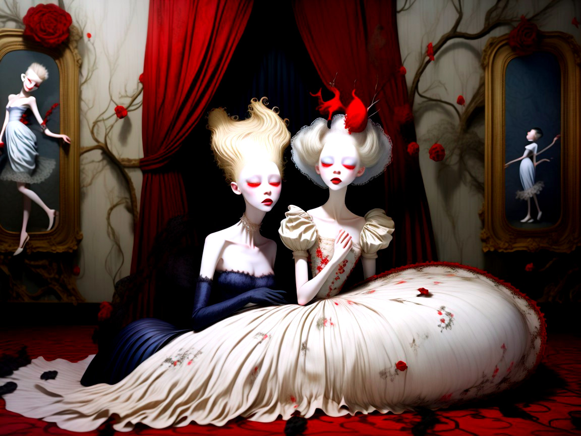 Surreal Gothic Scene with Elegantly Dressed Women