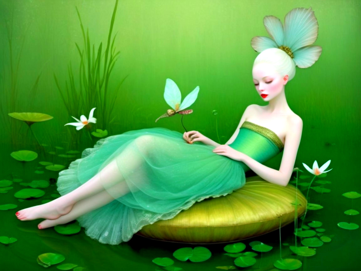Woman in Green Dress on Large Lily Pad in Water