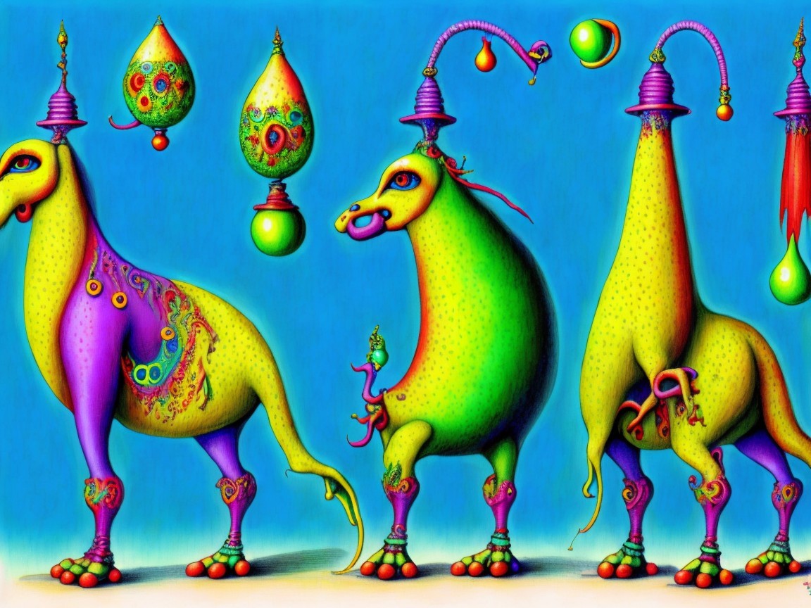 Vibrant Fantastical Creatures with Decorative Elements
