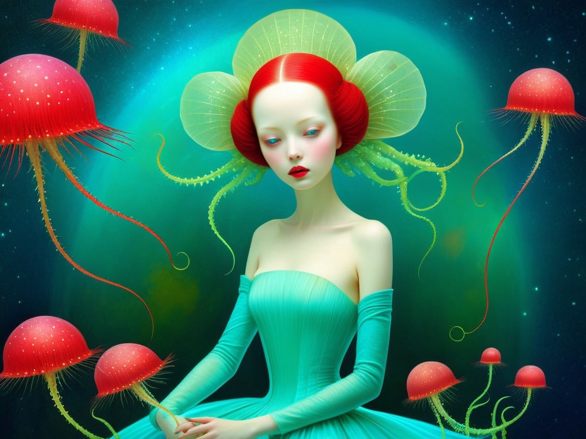 Surreal Woman with Red Hair and Ethereal Jellyfish