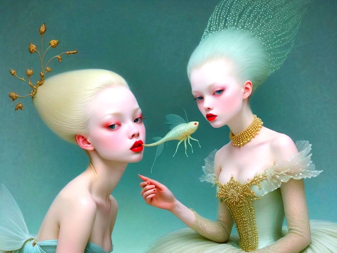 Ethereal Figures in Shimmering Gowns and Dreamlike Scene