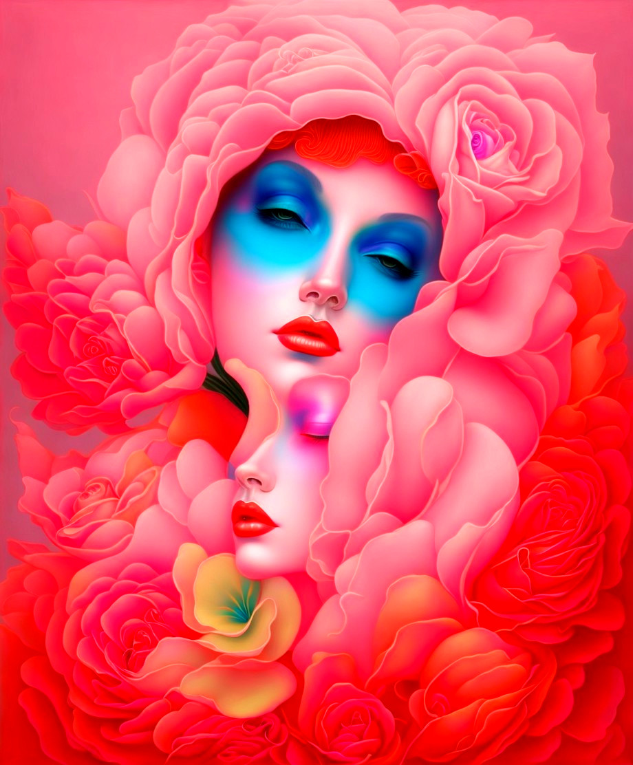 Ethereal Faces Among Vibrant Floral Composition