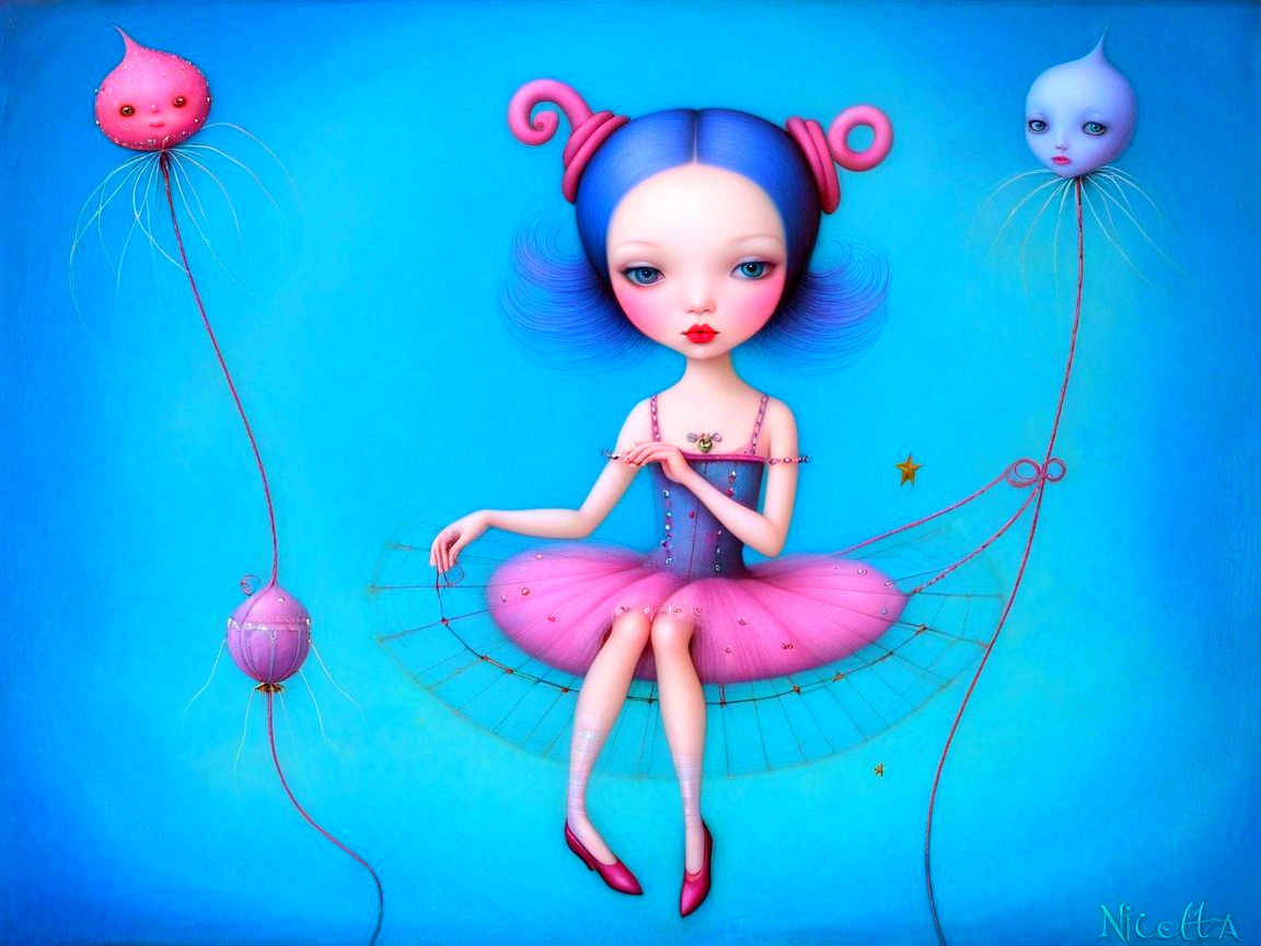Whimsical Girl in Tutu with Abstract Creatures