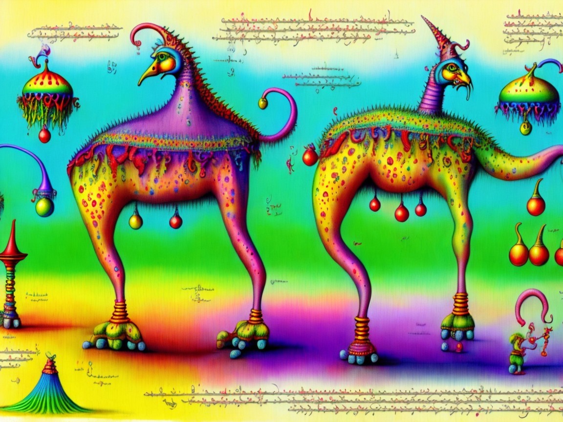 Whimsical Colorful Hybrid Creatures in Surreal Setting