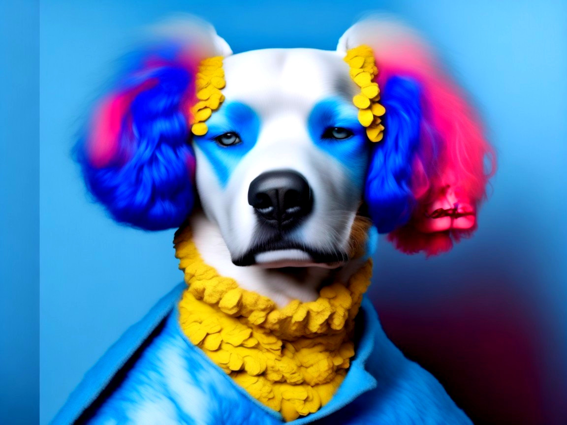 Pet portrait of a white dog with colorful accents