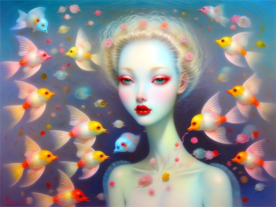 Ethereal figure with whimsical fish and roses backdrop