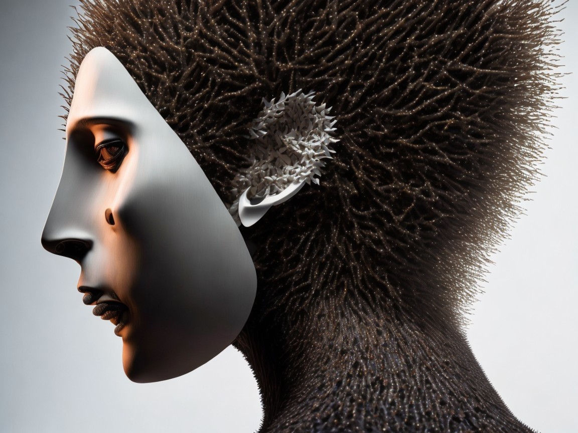 Surreal Close-Up Portrait with Matte Gray Mask