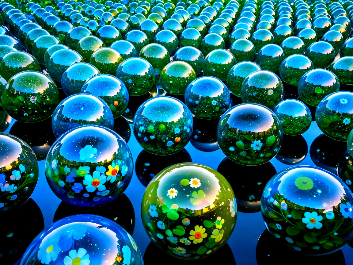 Close-up of Glass Marbles Reflecting Grass and Flowers