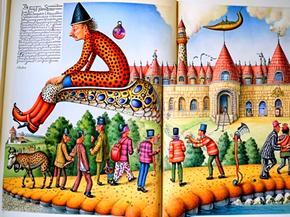 Whimsical illustration of a colorful parade and castle
