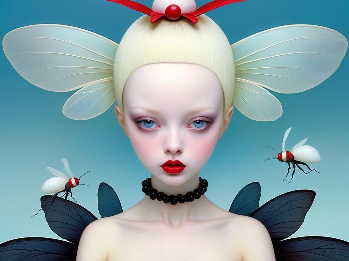 Stylized figure with butterfly wings and ethereal features