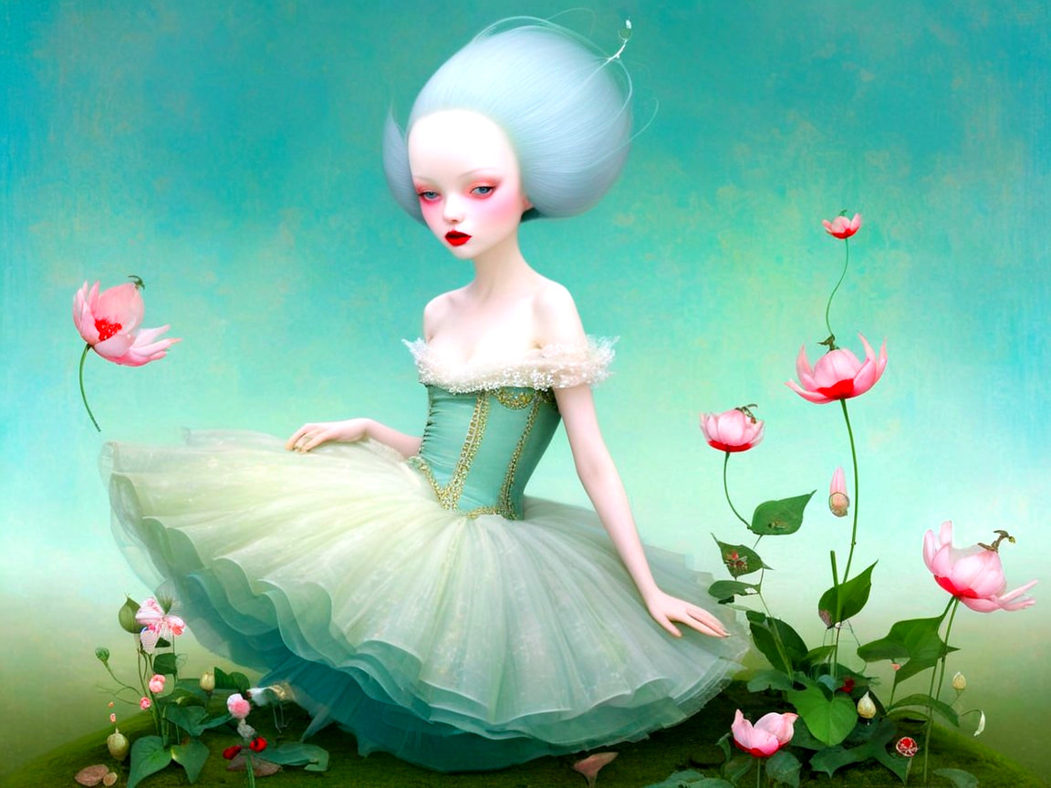 Whimsical Rococo Ballerina Doll in Dreamy Setting