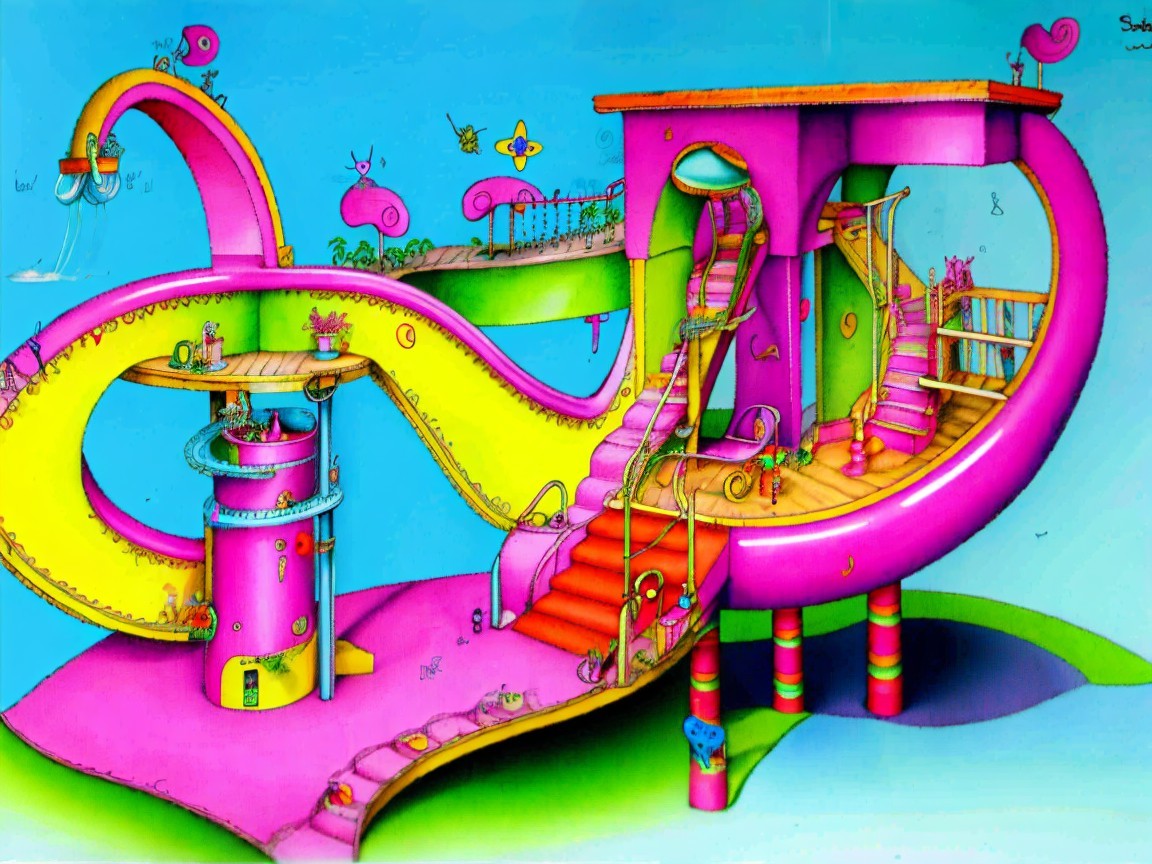 Whimsical Playground with Colorful Slides and Structures