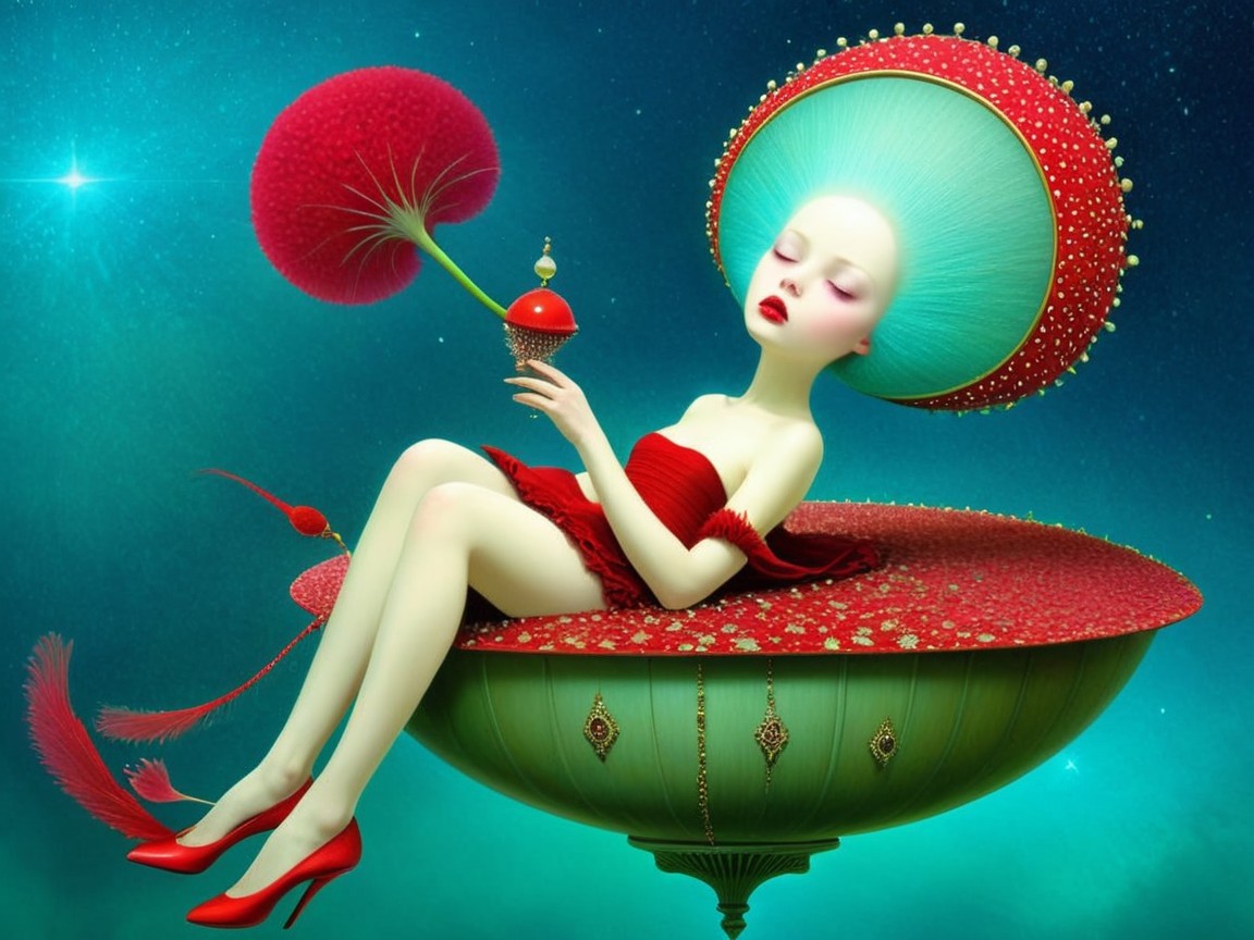 Surreal figure in ornate bowl with vibrant colors