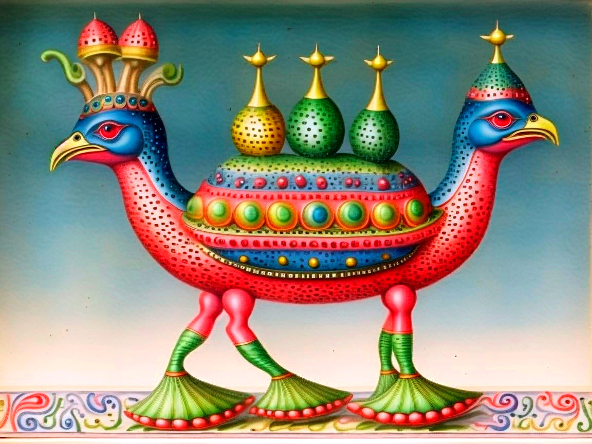 Colorful Camel-Like Creature with Ornate Bottles