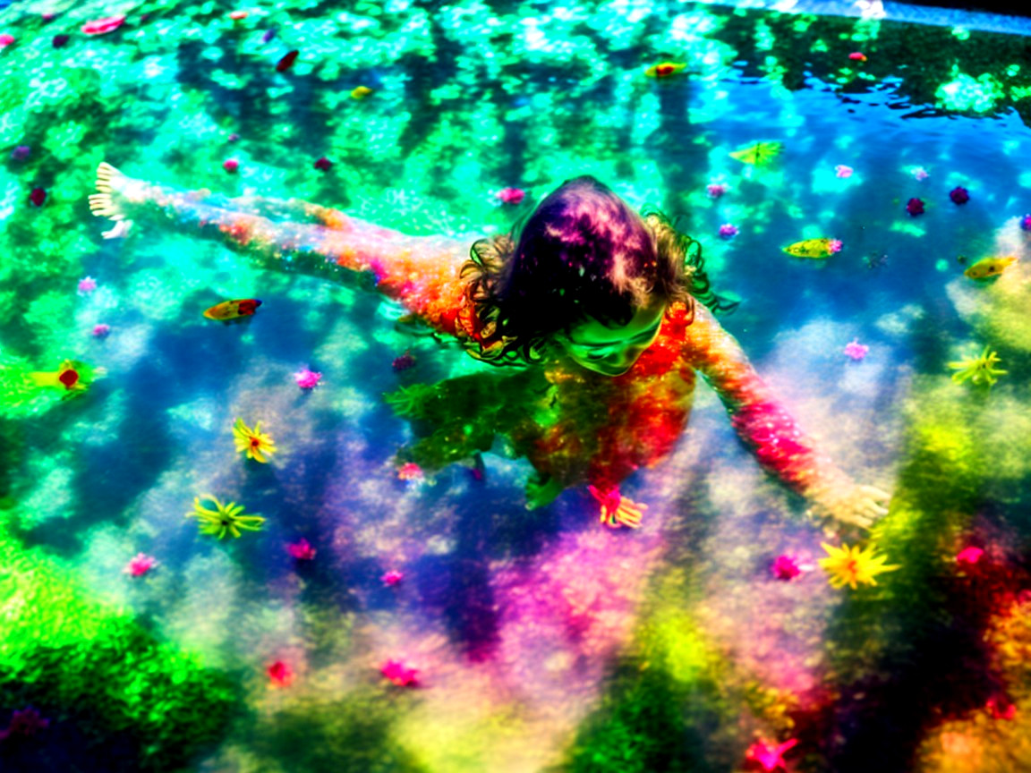 Child swimming in a colorful flower-adorned pool