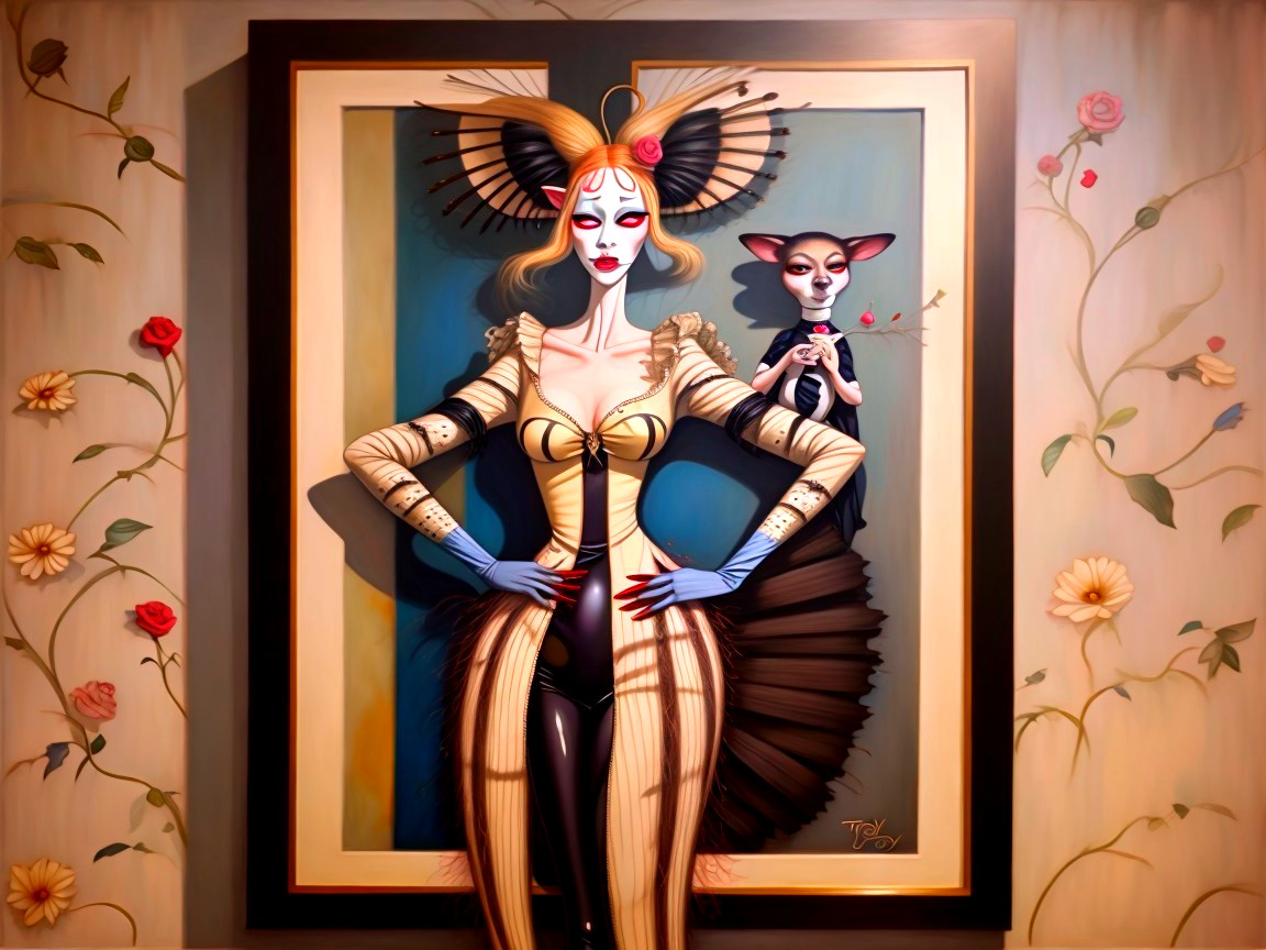 Avant-garde figure in corset outfit with floral backdrop