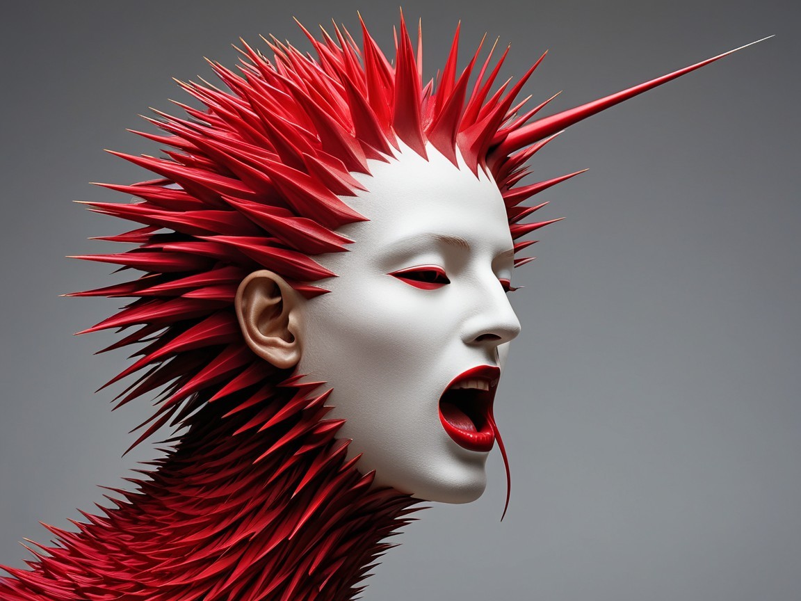 Hyper-realistic close-up of a surreal white-faced figure