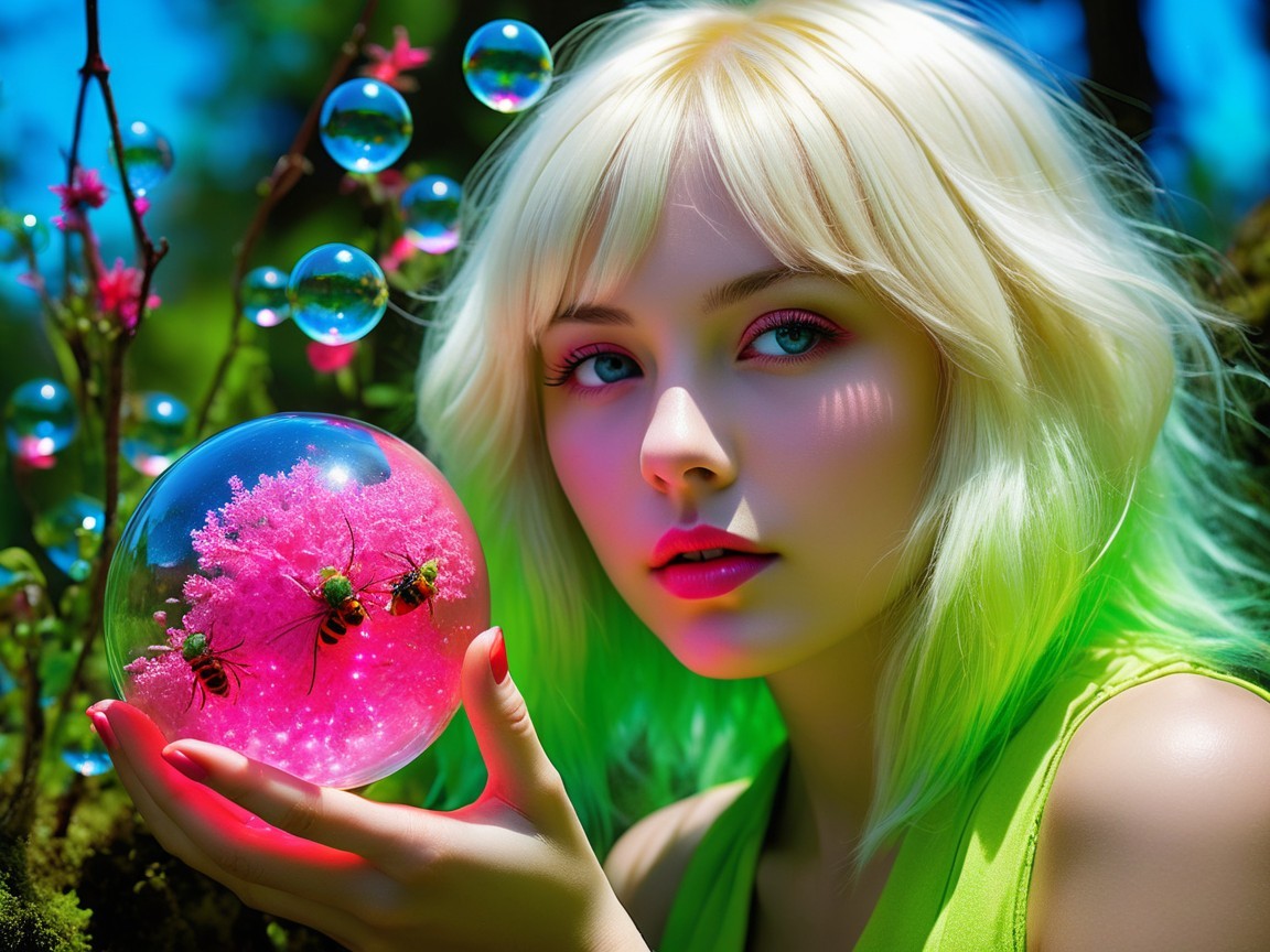 Young woman with blonde hair in a dreamy landscape