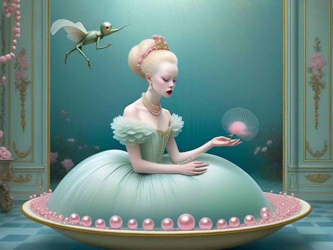 Serene figure in aqua gown with whimsical fairy above