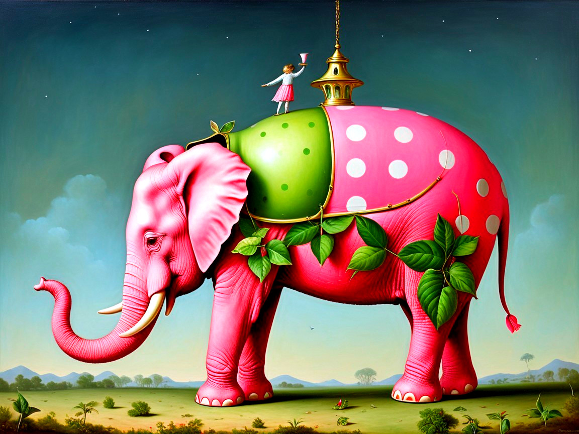 Vibrant Pink Elephant in a Surreal Landscape Scene