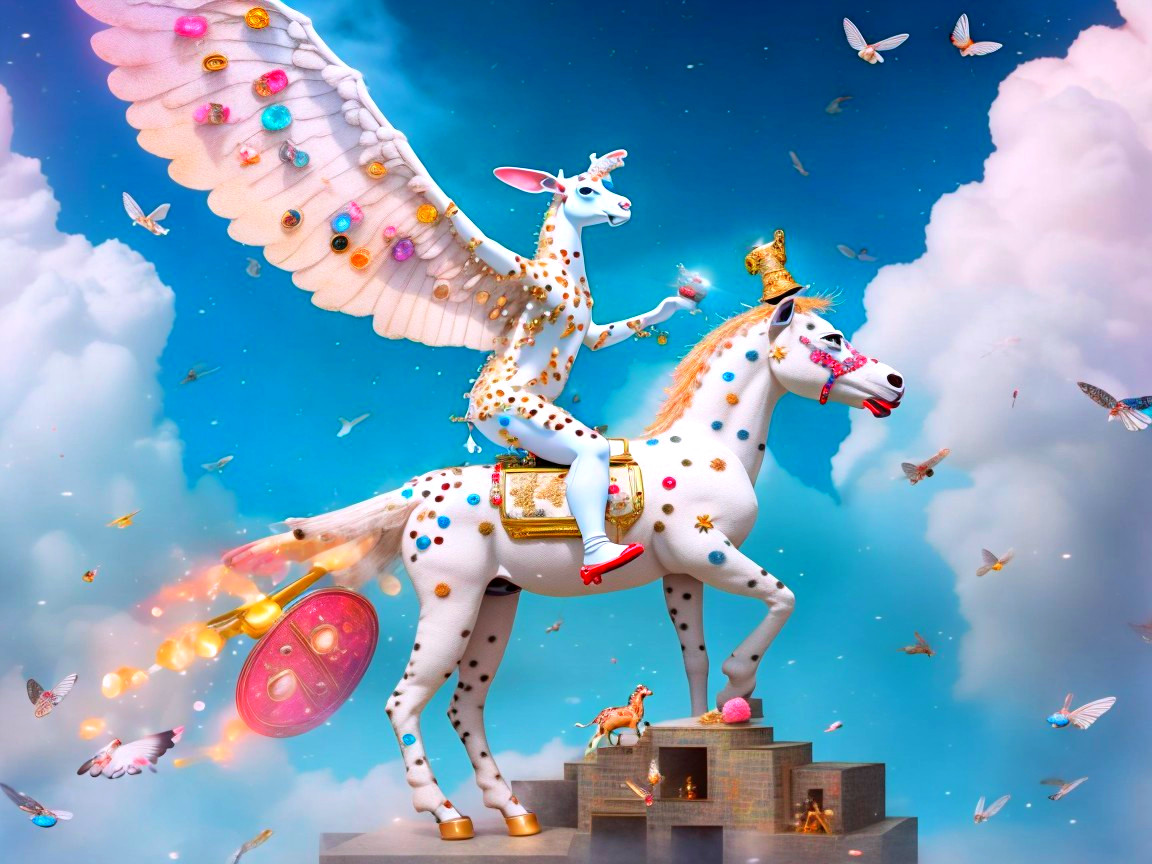 Whimsical Scene of a Winged Rabbit on a Horse