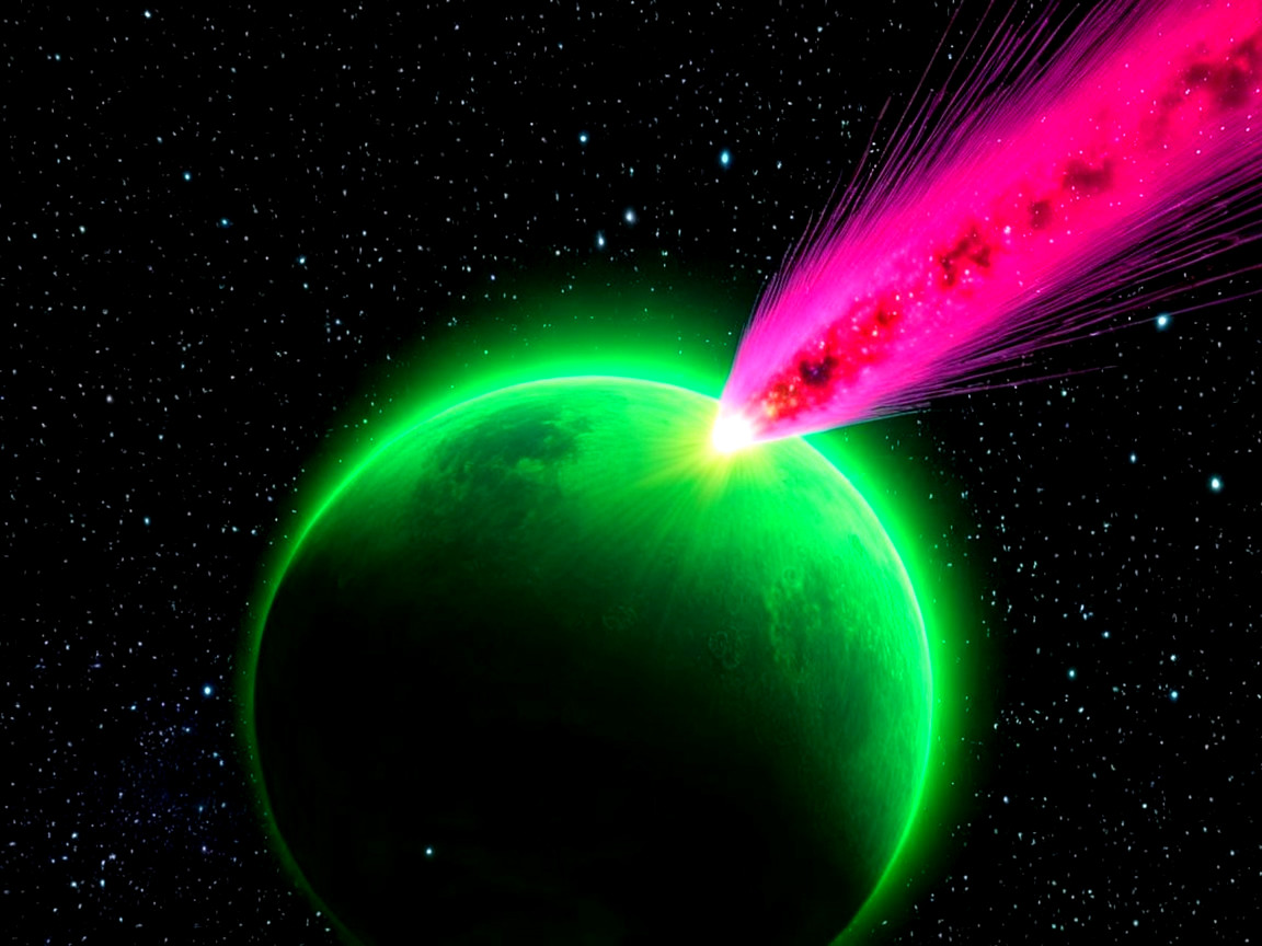 Bright Green Celestial Body with Cosmic Stream in Space