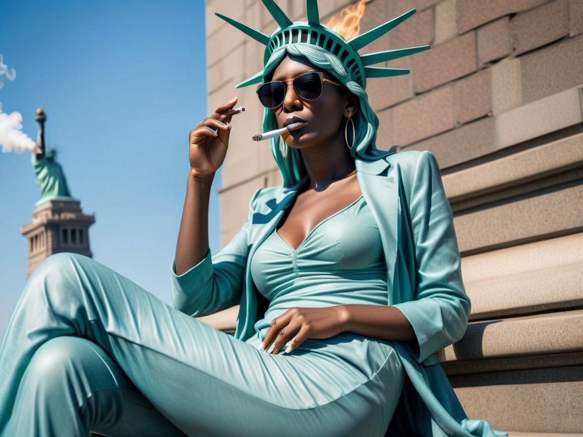 Modern Figure in Turquoise Outfit on Steps with Statue