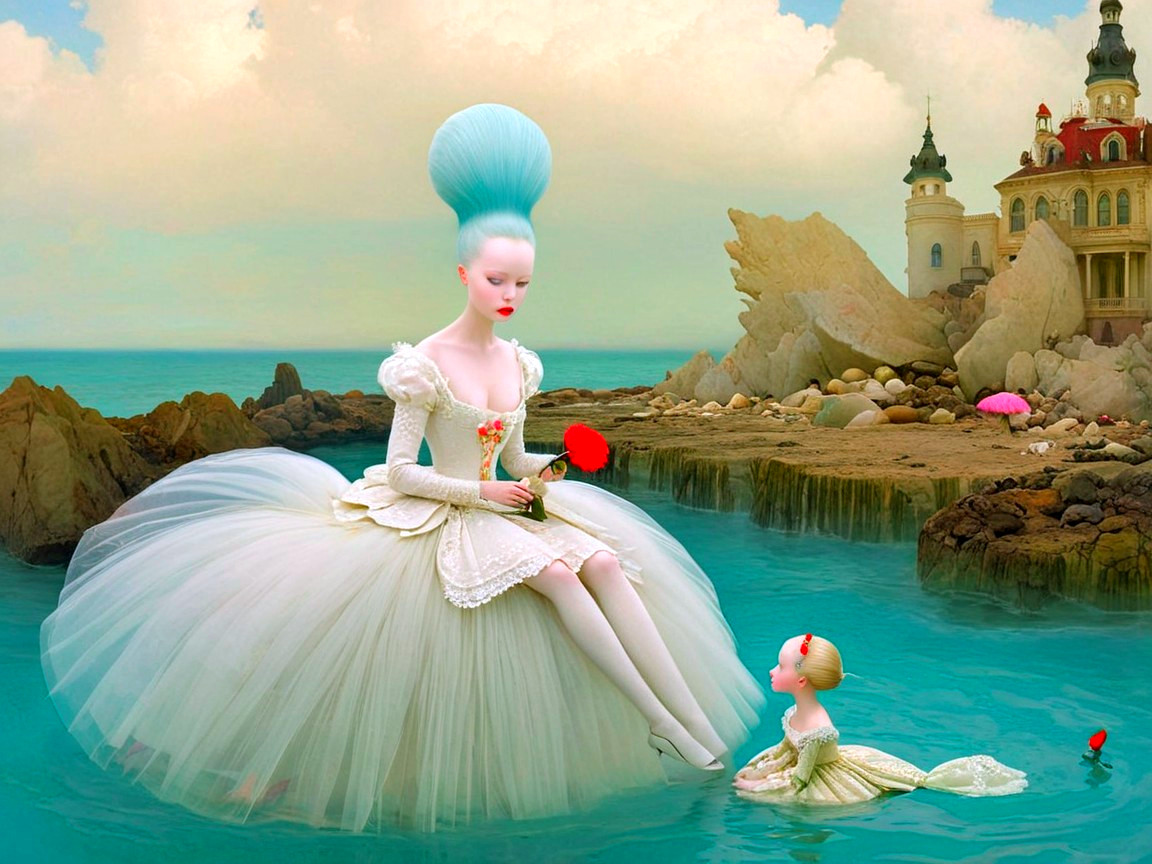 Whimsical Scene of Dolls in Turquoise Lake Setting