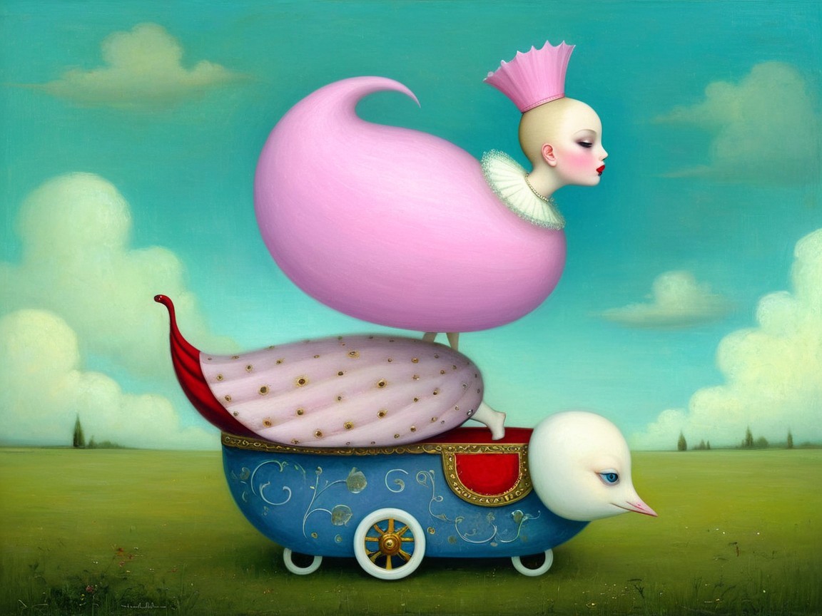Surreal Scene with Pink Figure on Ornate Blue Cart
