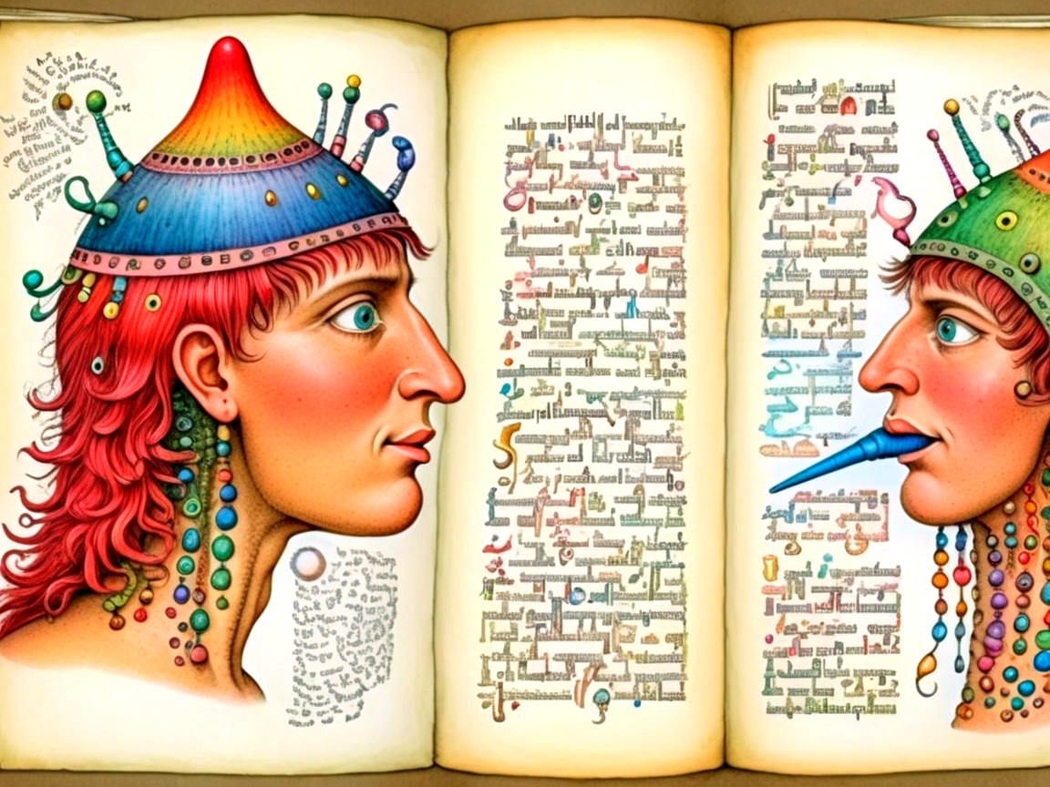 Illustrated Book Pages with Colorful Headdresses and Symbols