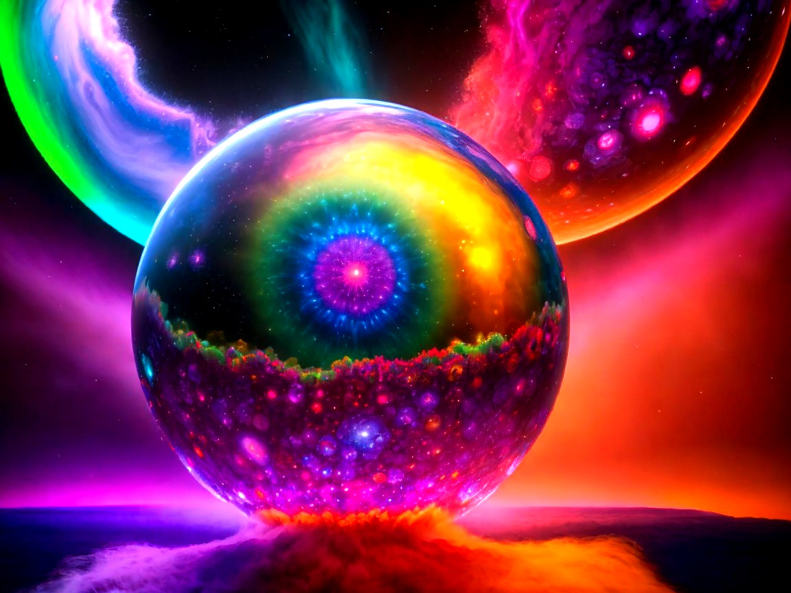 Vibrant Spherical Planet Surrounded by Colorful Nebulae