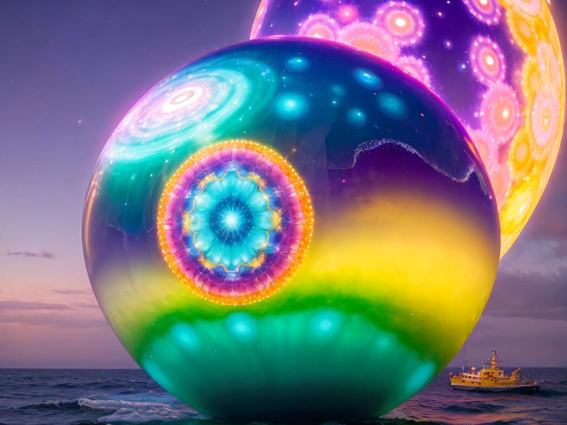 Luminous Spheres Above Ocean at Sunset