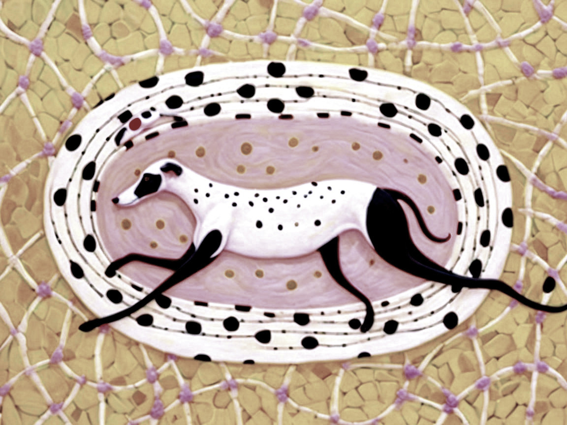 Abstract Painting of a Dog and Snake in a Stadium