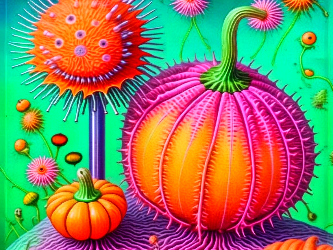 Surreal Landscape with Whimsical Pumpkins and Sky