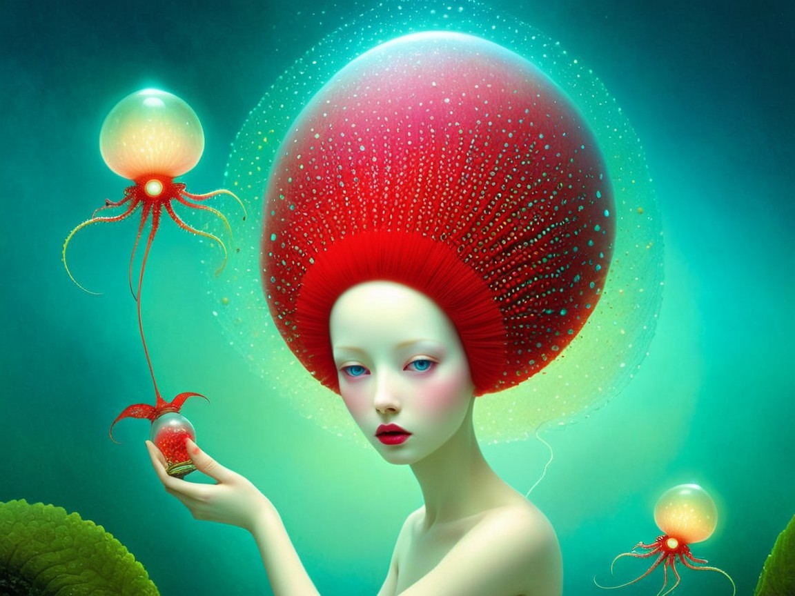 Surreal Scene with Mushroom Headdress and Orbs