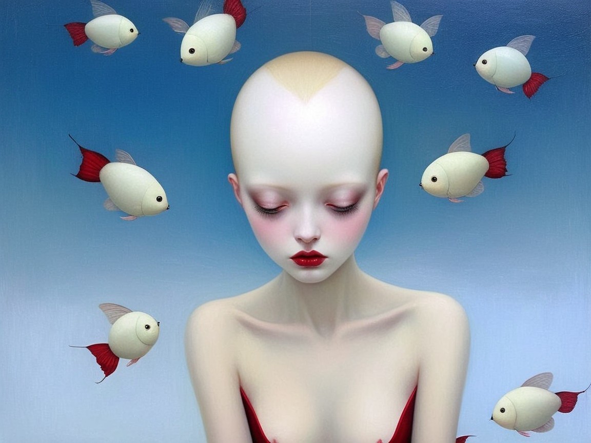 Surreal Figure in Red Garment Against Blue Background